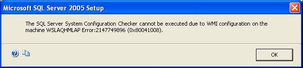 How to Troubleshoot Software Installations Popup Message Displays Error 2147749896 Cause: During the SQL Server 2005 Express Edition install procedure, the error message shown in Figure 35 displays.