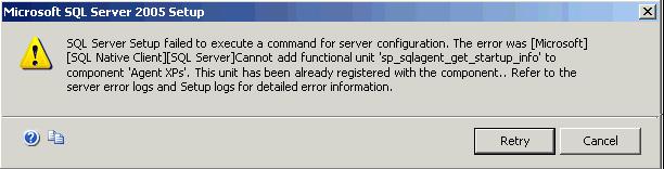 Installation Guide Popup Message Displays SQL Server Setup Failed to Execute a Command for Server Configuration Cause: During the SQL Server 2005 Express Edition install procedure, you see the error