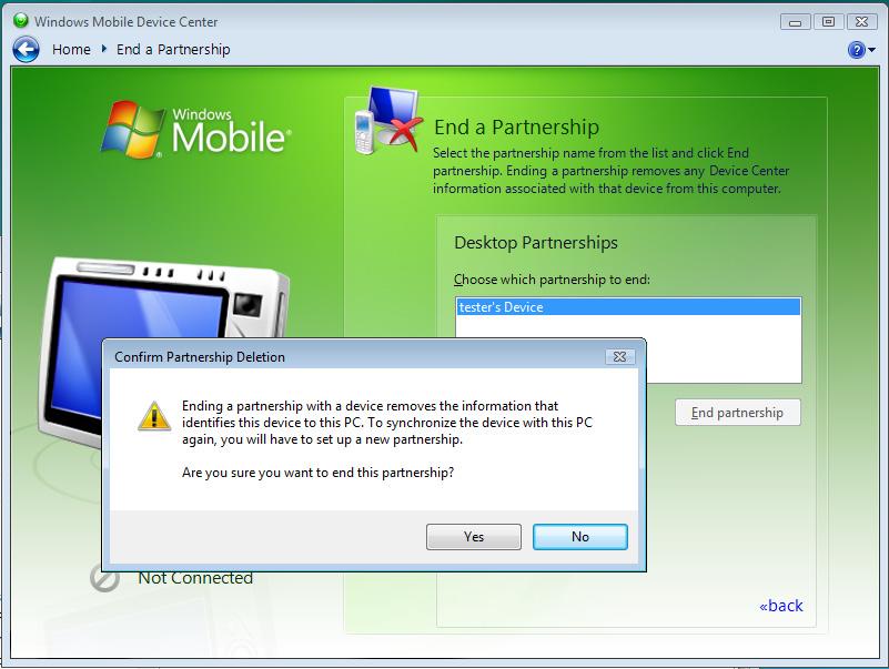 How to Troubleshoot Software Installations 2. Click End partnership. The screen shown in Figure 49 displays. Figure 49. End a Partnership for Mobile Device glq066.