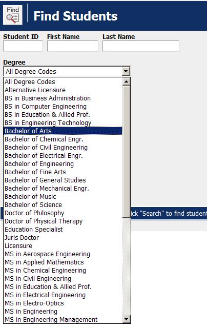 For example, click the down arrow on the Degree Codes dropdown box to