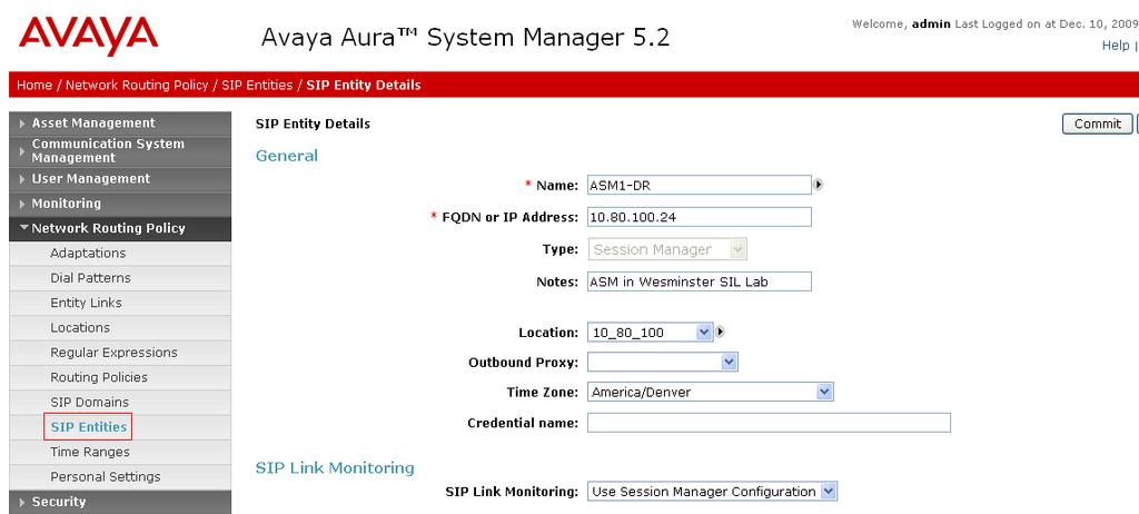 The following screen shows addition of Avaya Aura Session Manager.