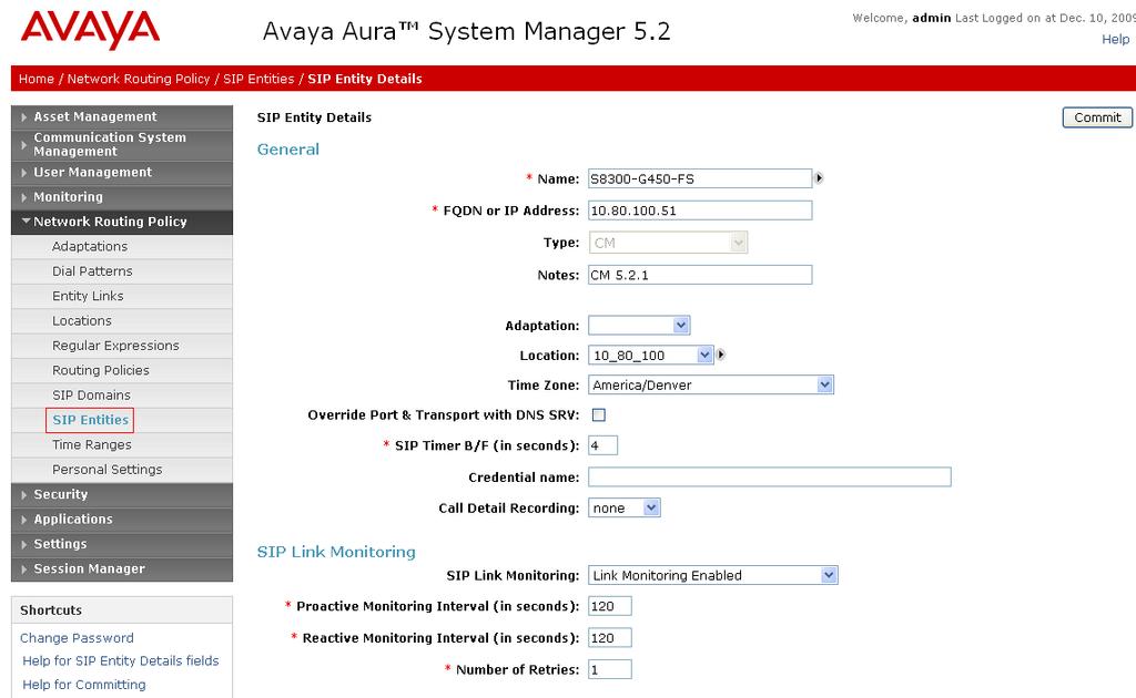 The IP address used is that of the C-LAN board in the Avaya G650 Media