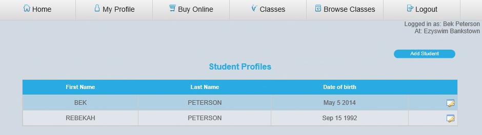 Classes Menu Student Profiles All of your students available to be enrolled into classes will be shown on this page.