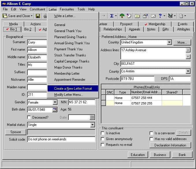 94 C HAPTER If you use Microsoft Word, you can create a letter from the Letter menu of an individual or organisation constituent record.