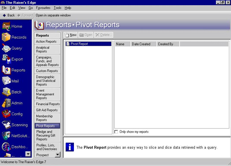 P IVOT REPORTS 12 Accessing Pivot Reports To access Pivot Reports, click Reports on the Raiser s Edge bar, and click the Pivot Reports link. The Pivot Reports page appears.
