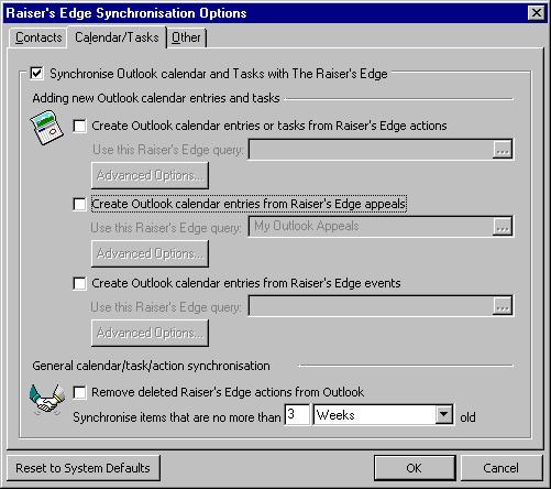 M ICROSOFT OUTLOOK INTEGRATION 17 On the Calendar/Tasks tab of the Raiser s Edge Synchronisation Options screen, you can specify that Outlook records be created from Raiser s Edge actions, events,