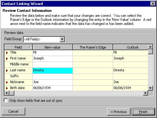 The Contact Linking Wizard, Review Contact Information screen appears. From this screen, you can preview information that will be included on the constituent record you are creating.