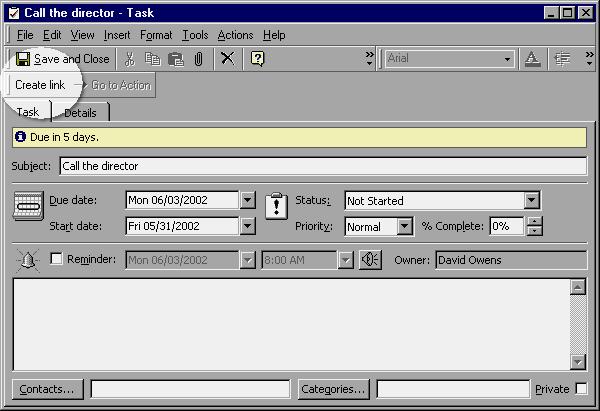 214 C HAPTER 2. Open the Outlook task record you want to link to a record in The Raiser s Edge. 3. From the toolbar, click Create link. A message appears.