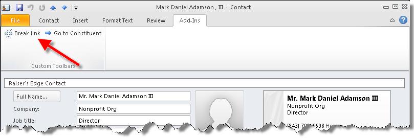 Breaking Links Between Outlook and Raiser s Edge Records From an Outlook contact, appointment, or task record, you can break the link between it and a Raiser s Edge record.