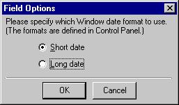 68 C HAPTER 16. Double-click Gift date. The Field Options screen appears. 17. Because you want the gift date to appear as 15/05/2003 in your letters, select Short date. 18. Click OK. Gifts.