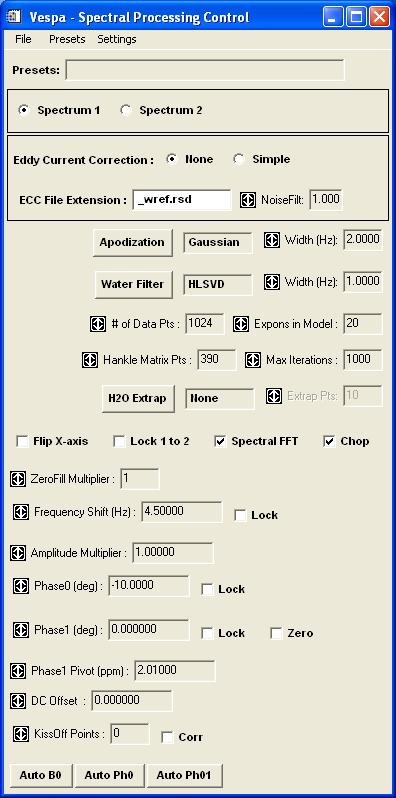 Processing drop-down menu and select the Spectral Widget (Figure 25). On the Spectral Widget, choose appropriate Apodization function type and its Width [Hz], Water Filter type and its parameters (e.