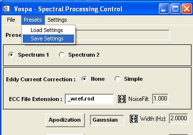 All the spectral processing parameters that were adjusted for a dataset can be saved in a file and can be loaded for processing other datasets obtained using the same set of acquisition parameters.