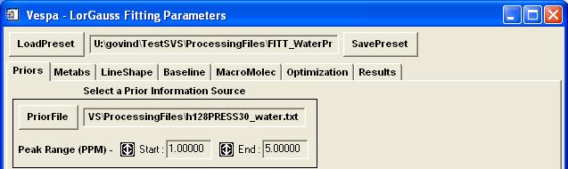 iii) Choosing a water resonance prior information file A metabolite prior information file, that contains resonance frequency position (in ppm), relative amplitude and phase for each resonance, can