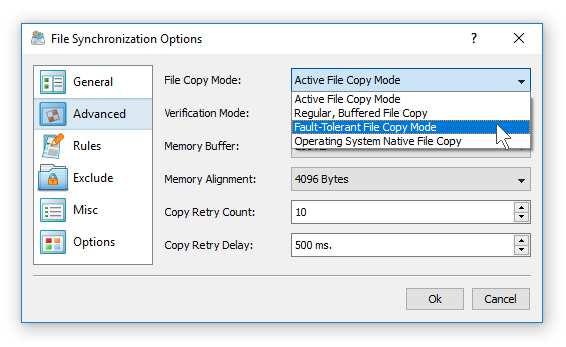 The 'Advanced' file synchronization options tab provides a number of different file copy modes optimized for different hardware configurations and user-specific needs: Active File Copy Mode - in this