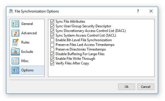 The 'Options' tab provides the ability to control which file meta data is copied and allows one to enable/disable various security and verification options.