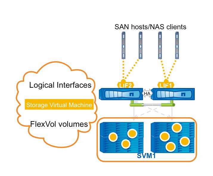 Figure 3) Cluster with a single SVM. Figure 4 shows a more complex environment. The cluster here consists of four nodes, with two SVMs providing data access.