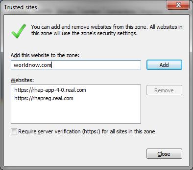 c) In the Trusted sites window that will appear, uncheck "Require server verification...". d) Type in worldnow.
