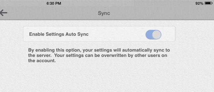 Tap Options. 2. Tap Settings. 3. Tap Sync. 4. Turn Auto Sync on or off using the slider.