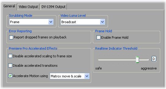 10 Defining your General settings The Matrox Playback Settings dialog box has several pages that you can use to specify various settings for editing in Adobe Premiere Pro on Matrox RT.X2.