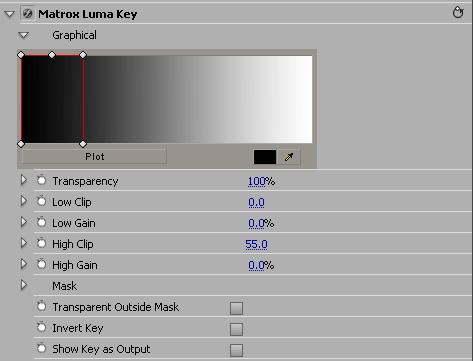 Creating a luma key effect To set up a Matrox luma key effect, click the triangle next to Matrox Luma Key to expand the property list: 77 Graphical Allows you to see a graphical representation of