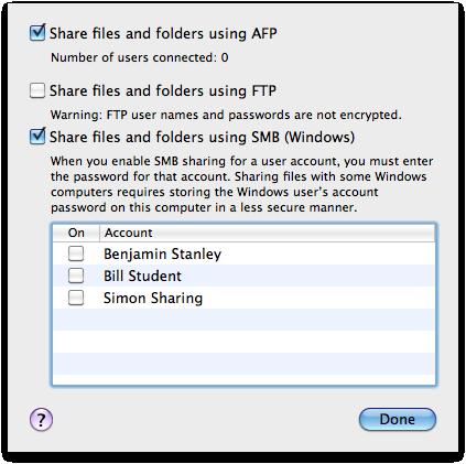 Sharing Selecting file sharing turns on AFP.