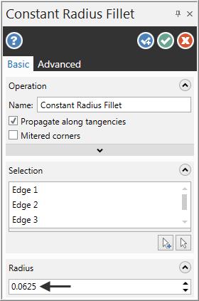 Mastercam Training Guide 6. Make the necessary changes as shown below in the Constant Radius Fillet dialog window. Set Radius to 0.0625. 7.
