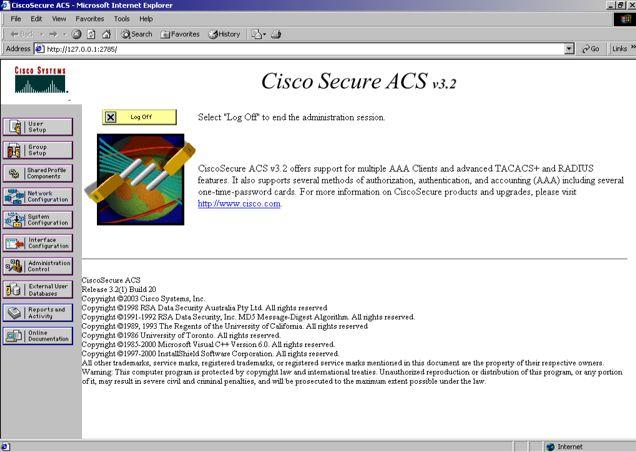 Figure 24: Cisco ACS (version 3.2) main administration window 1. Define the users and the corresponding authorization levels.