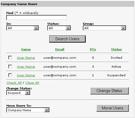 The Manage Users Page The Manage Users page gives you the ability to view user information for all your user accounts, change user status, move users between groups and access a user s account.