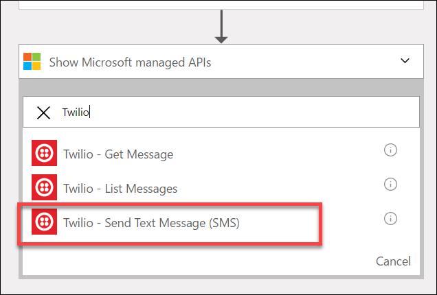 22. Type Twilio in the filter box, then click the Twilio Send Text Message (SMS) connector. 23.