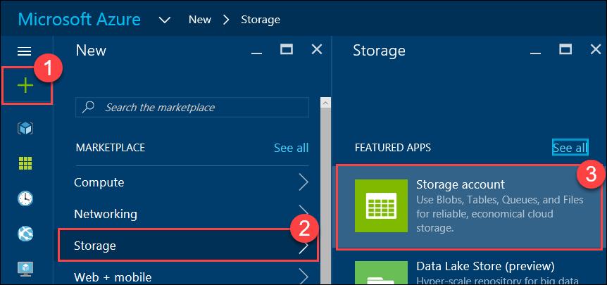 23. Close all configuration blades. Subtask 2: Provision the storage account 1. Using a new tab or instance of your browser navigate to the Azure Management portal http://portal.azure.com. 2. Click +New, Storage, and Storage account.