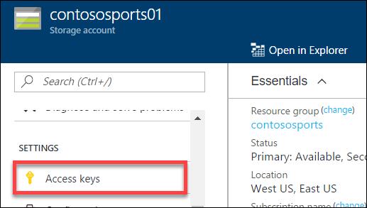 7. On the Storage account blade, scroll down to and select the Access keys option. 8. On the Access keys blade click the copy button by key1 on the Connection string.