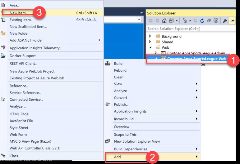 4. Click Save when you are complete. 5. Within Visual Studio, right click on the Contoso.Apps.SportsLeague.Web project, and click Add -> New Item.