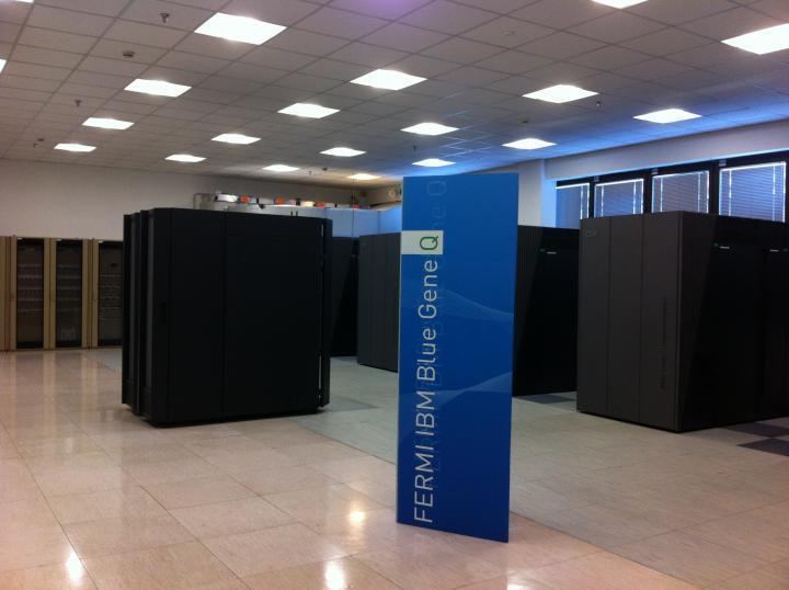 IBM BG/Q BlueGene systems link together tens of thousands of low power cores with a fast network.