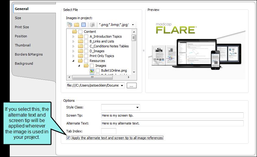 Images Apply Alt Text and Screen Tip to All References When you insert or edit an image, you will see a check box that