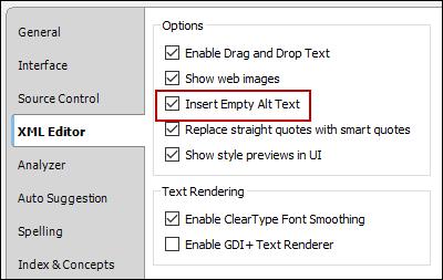 Applying Empty Alt Text Supported In: By default, a new image does not contain an "alt" (alternate text) attribute when you insert it into a topic or snippet, unless you specifically add alt text in