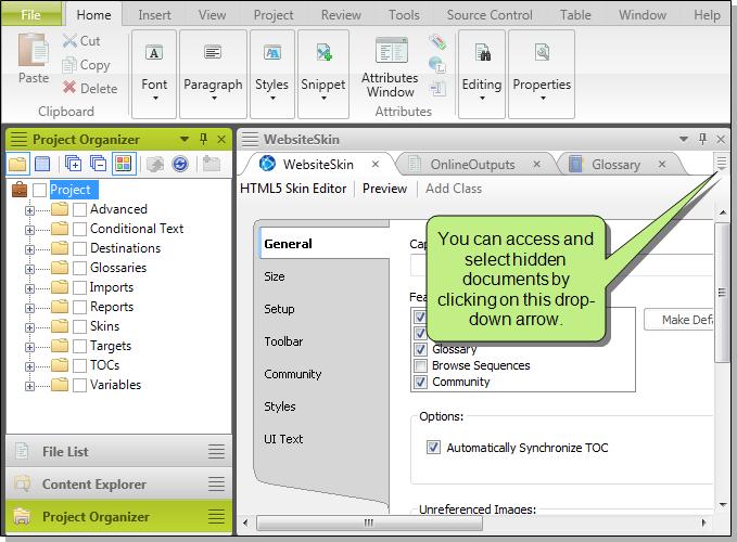 MADCAP FLARE HIDDEN DOCUMENTS You can open as many documents as you need in the interface.