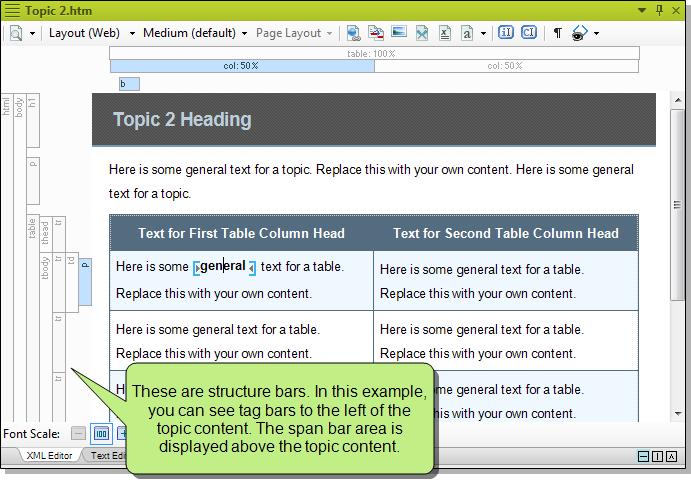 CHAPTER 1 Touring the Workspace The XML Editor provides structure bars above and to the left of the content area in order to provide a visual display of the topic tags and structure.