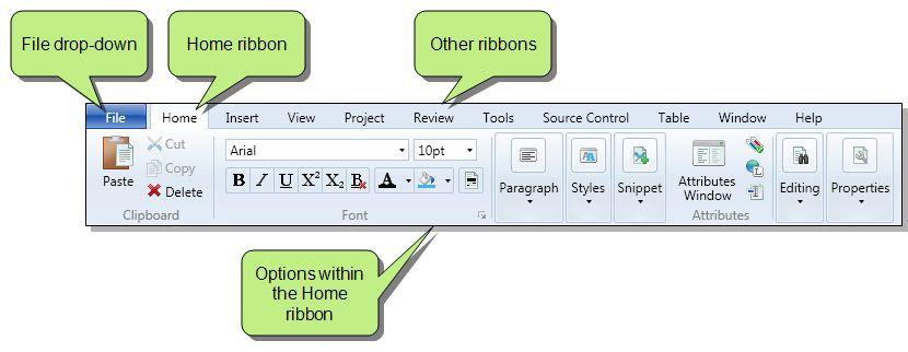 CHAPTER 1 Touring the Workspace Ribbons, Menus, and Global Toolbars Flare's user interface lets you use a ribbon layout, or the more traditional