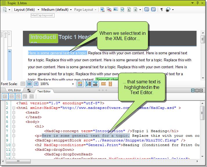 MADCAP FLARE FEATURES OF SPLIT VIEW Not only does split view allow you to see the XML Editor and Text Editor jointly in different ways, but there are also special