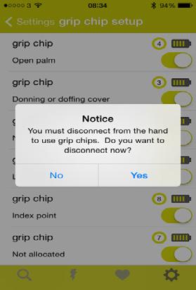 You must disconnect from the hand prior to using grip chips. Upon successful programming of grip chips you will be prompted to disconnect.