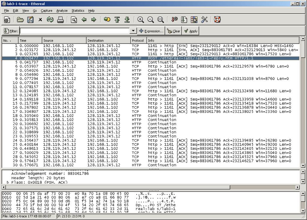 If you load the ethereal_tcp_trace file into Ethereal, your Ethereal window should look like the window shown below. 2.