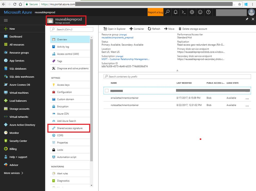 3. Go to Shared Access Signature to add an Azure Search.