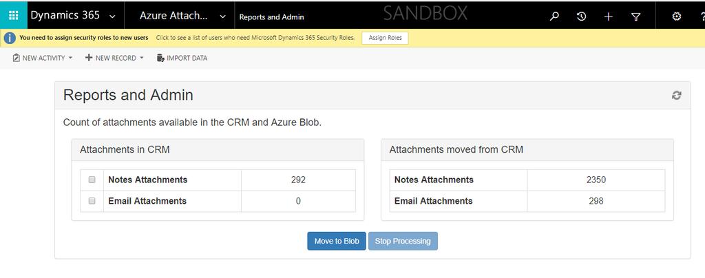 The buttons below have the following functionality Move to Blob: Click the button to initiate the process to move all attachments stored in CRM into Azure Blob.