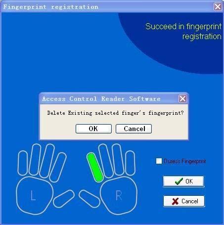 3. User Management (7) If you want to delete the fingerprint, please double click this finger, the system prompts the following: (8) If you select [Duress Fingerprint], the enrolled fingerprint