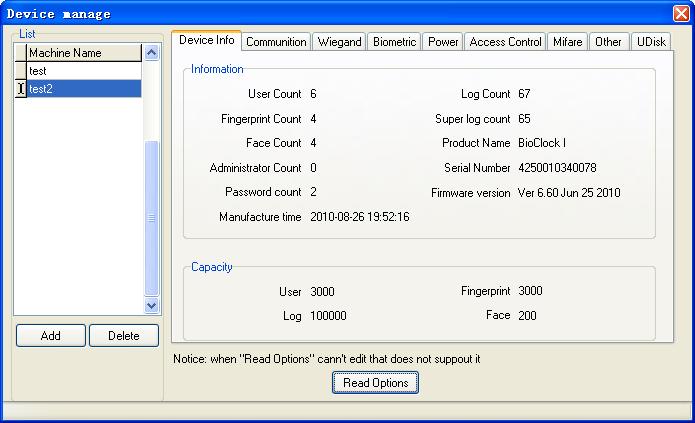 Access Control Software User Manual V2.4.3.1038 Click [Read Options], the basic information of FP Reader will be listed, as the following figure. 4.