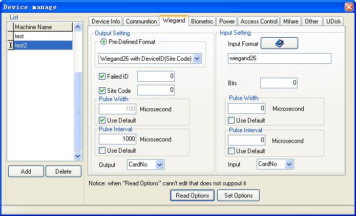 Access Control Software User Manual V2.4.3.1038 Click [Read Options] can obtain all the device wiegand parameters. Wiegand Setting include Wiegand output and input setting.