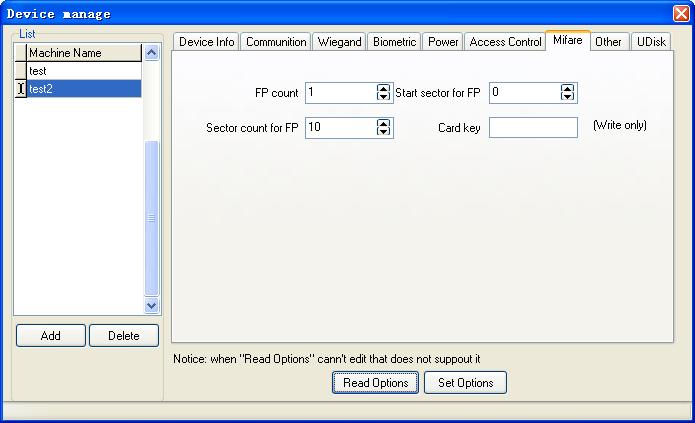 Access Control Software User Manual V2.4.3.1038 4.7 Mifare Click [Read Options] in [Mifare] menu, display as following. FP Count: How many fingerprints stored in the Mifare card.