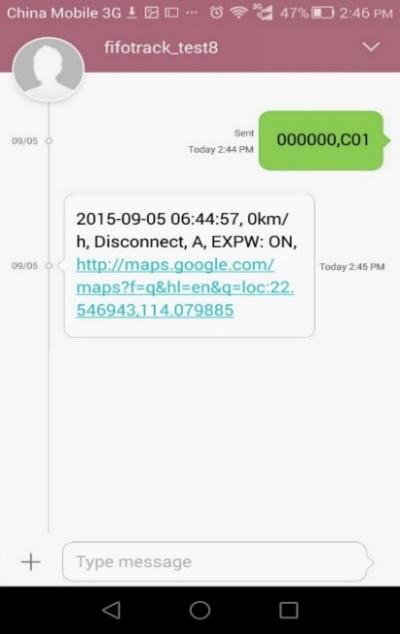 SMS Reply Format: Field Detail Remarks 2015-09-04 Date and time, format YYMMDD Date and time 07:44:28 hh:mm:ss 0Km/h Speed is 0km/h Speed Disconnect GPRS disconnect GPRS connection status, disconnect