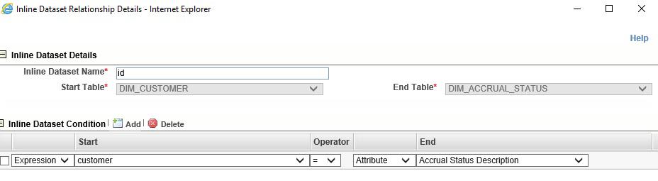 Inline Datasets Details page Adding Inline Datasets The add Inline Dataset option allows you to define an Inline Dataset by adding a name and selecting the Start and End tables.
