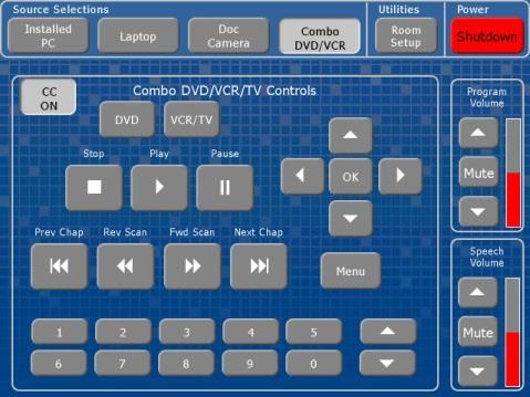 To use DVD 1. Press Combo DVD/VCR button on top row of Touch Panel. Select DVD in Controls window 2. Insert Media. Eject button is only available on DVD player.